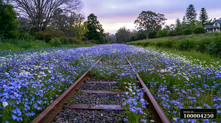 A wildflower field grows alongside a rural railway line surrounded by trees and houses.