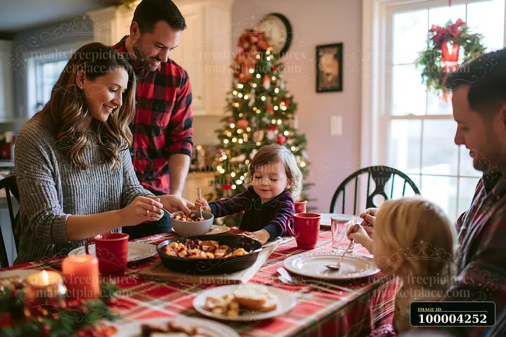 Family shares Christmas breakfast around a festive dining table beside a decorated Christmas tree.