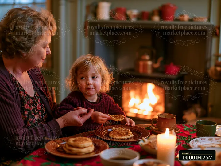A family shares breakfast together in a cozy room near a fireplace.