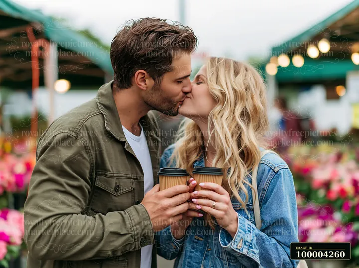 Couple kisses while holding takeaway coffee cups at a colorful outdoor market.