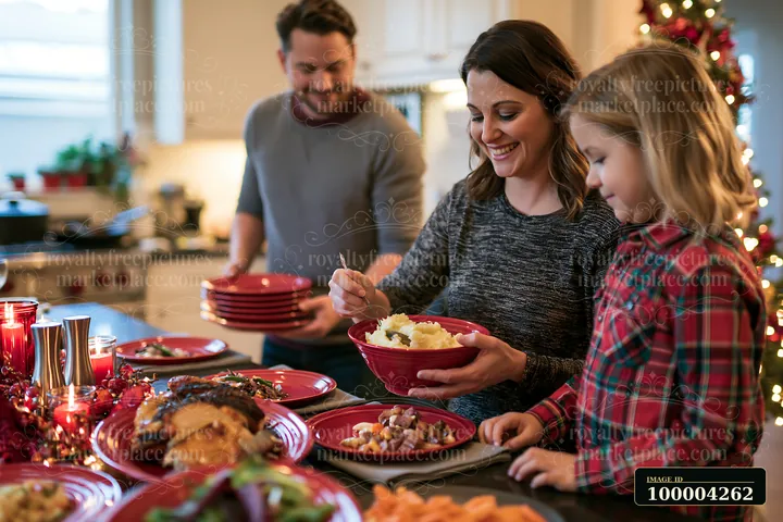 Parents serve mashed potatoes while a child helps at a Christmas dinner table beside a decorated tree.