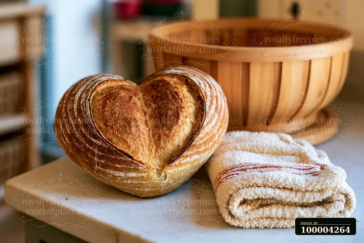 Heart-shaped artisan bread loaf rests on a kitchen counter beside a folded flour-dusted towel and wooden bowl.