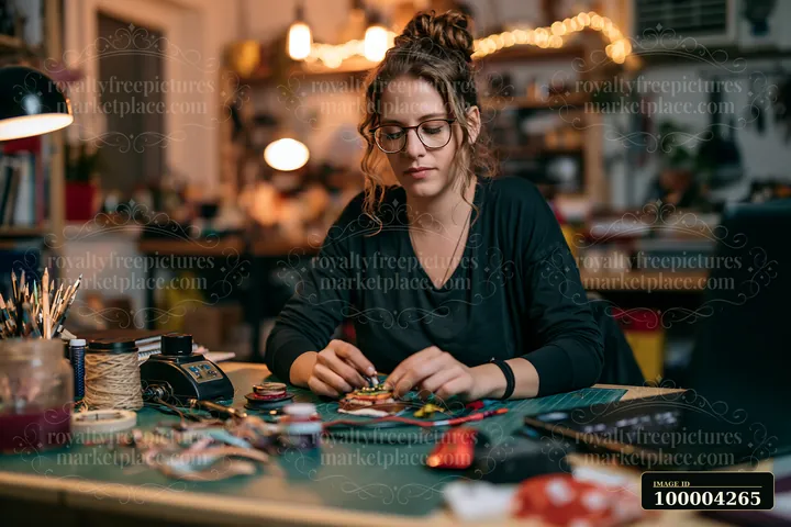 Woman wearing glasses crafts jewelry at a cluttered desk in a warmly lit home workspace.