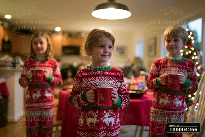 Three children are smiling while holding mugs in a cozy living room decorated for Christmas.