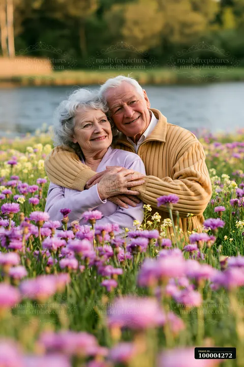 Elderly couple embracing in a colorful flower meadow beside a calm lake.