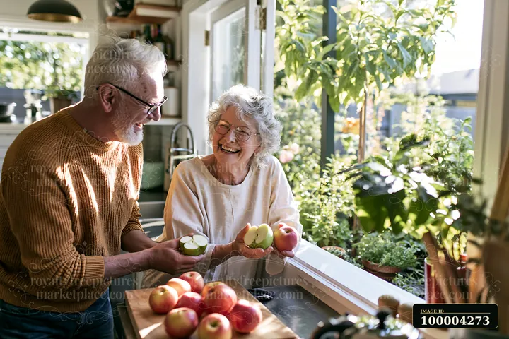 Elderly couple laughing together while holding apples in a bright kitchen beside a sunny window.
