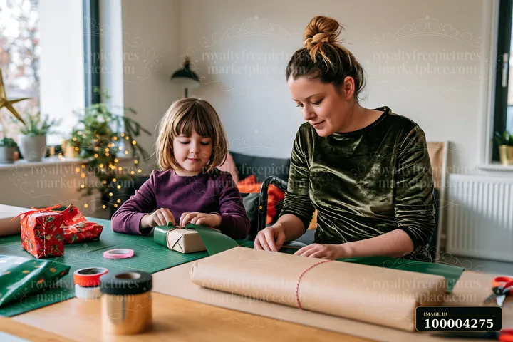 A woman and a girl wrap gifts together on a table in a cozy room.
