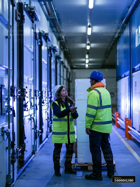 A businesswoman talks with a supplier inside a warehouse.