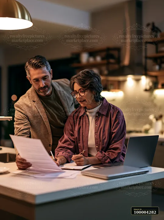 A businesswoman reviews a contract with her advisor in a modern kitchen setting.