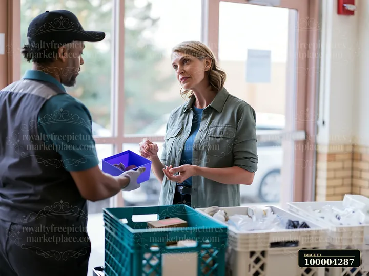 A businesswoman talks with a delivery worker at a distribution center about logistics and package details.