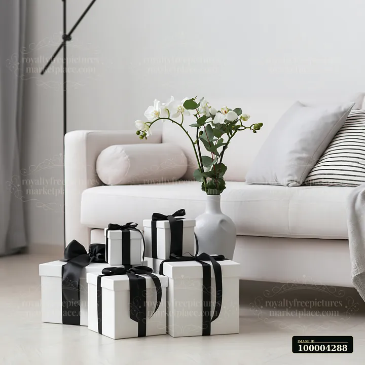 A collection of birthday gifts is arranged beside a modern sofa in a stylish room.
