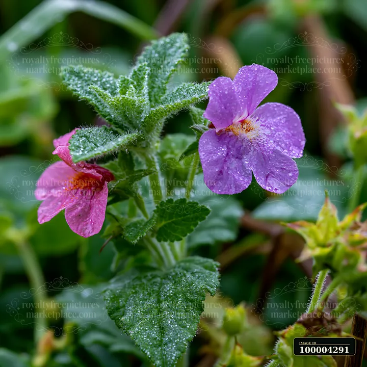 Dew-covered flowers in pink and purple bloom near beach dunes, surrounded by green foliage.