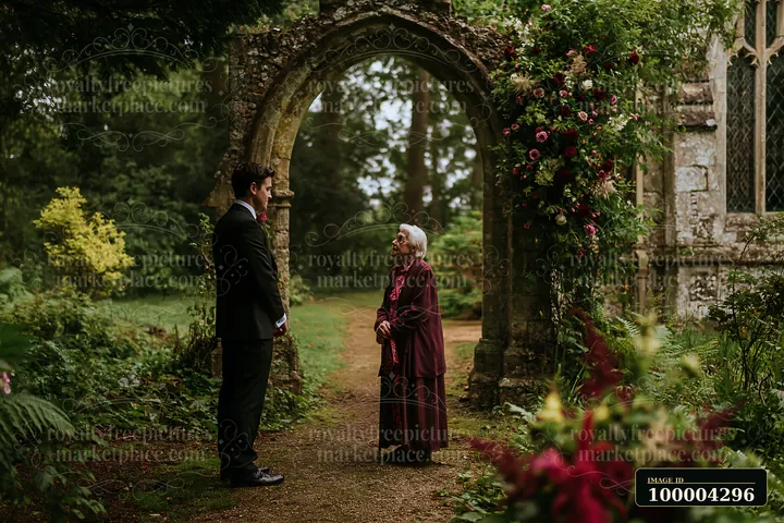 A groom stands beneath a church arch, interacting with an elderly woman in a lush garden setting.