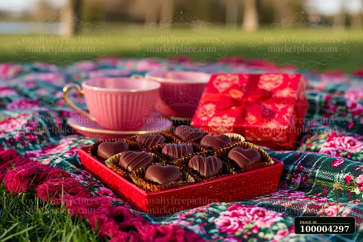 Heart-shaped chocolate pieces in gift packaging for confectionery marketing are arranged in a box on a picnic blanket.