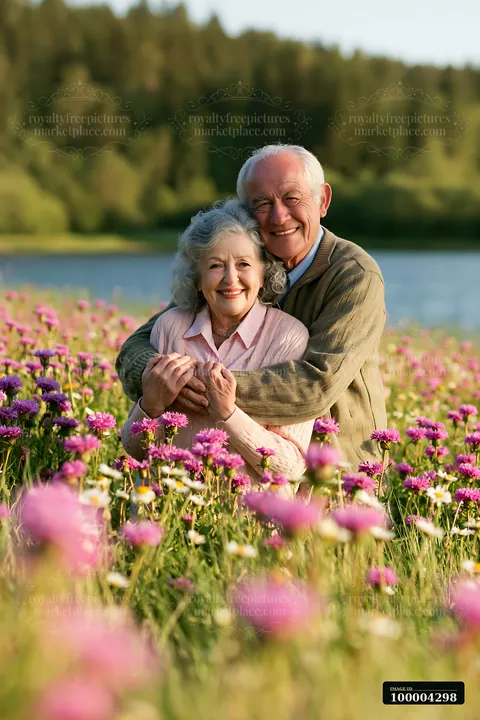 An elderly couple stands together, embracing in a field of flowers near a lake.