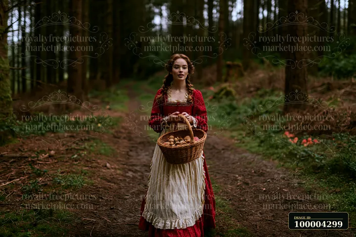 A woman in traditional dress walks along a dirt path in the forest, holding a basket filled with mushrooms.