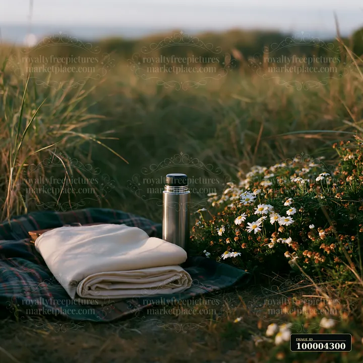 A blanket and stainless steel thermos rest on a grassy area near the coast.