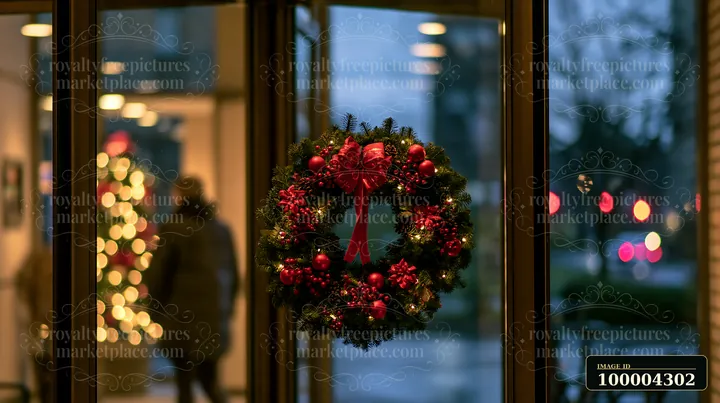 A Christmas wreath on a glass door is visible, adding a festive touch to the entrance.