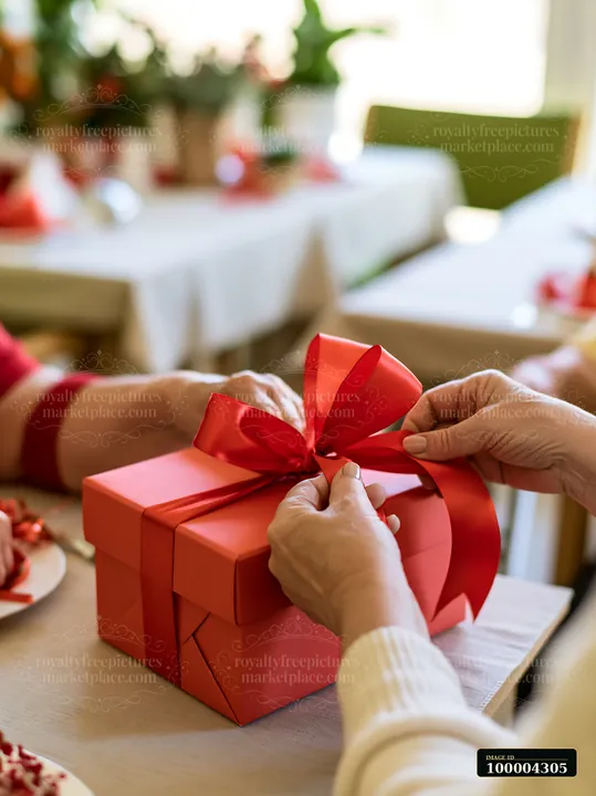 Hands are tying a ribbon around a red gift box on a table set for a celebration.