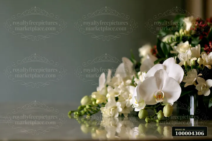 Orchid and white flower arrangement rests on a marble table with a soft background.