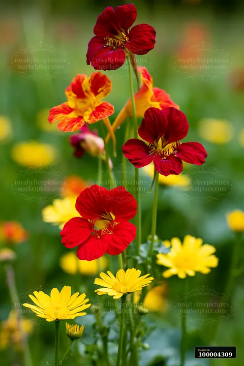 Close-up red and yellow blossoms stand among yellow flowers against a softly blurred green meadow.