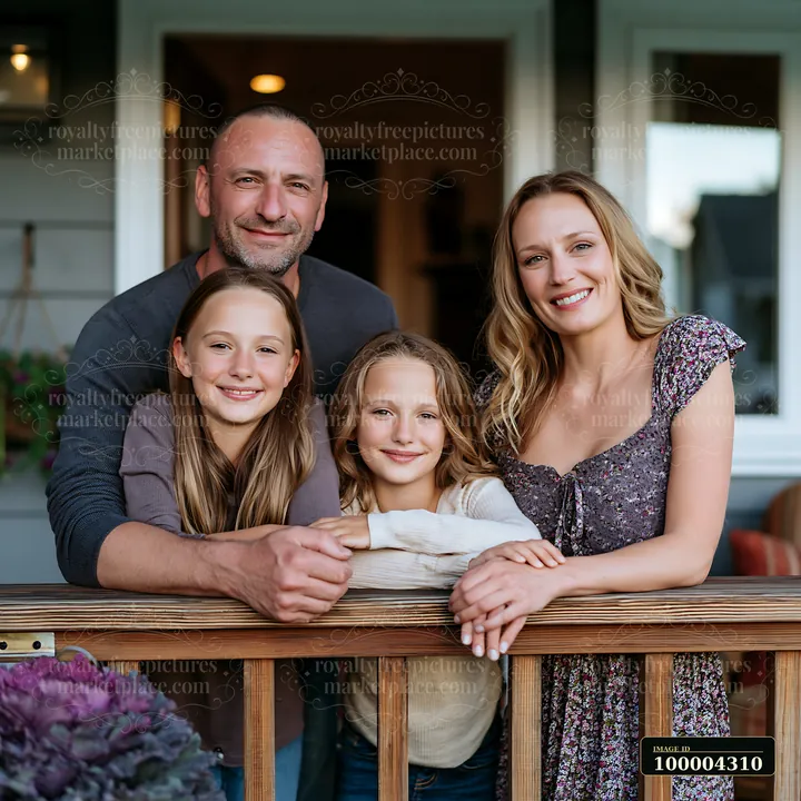 Smiling family poses together behind a wooden railing on a home front porch.