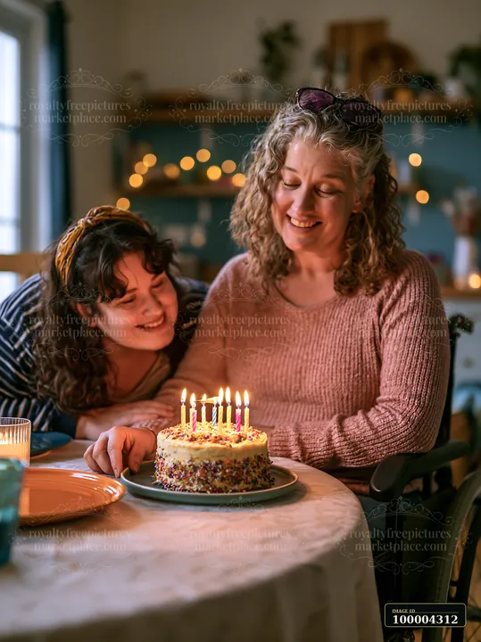 Two people smile beside a decorated birthday cake with its candles glowing at a dining table.