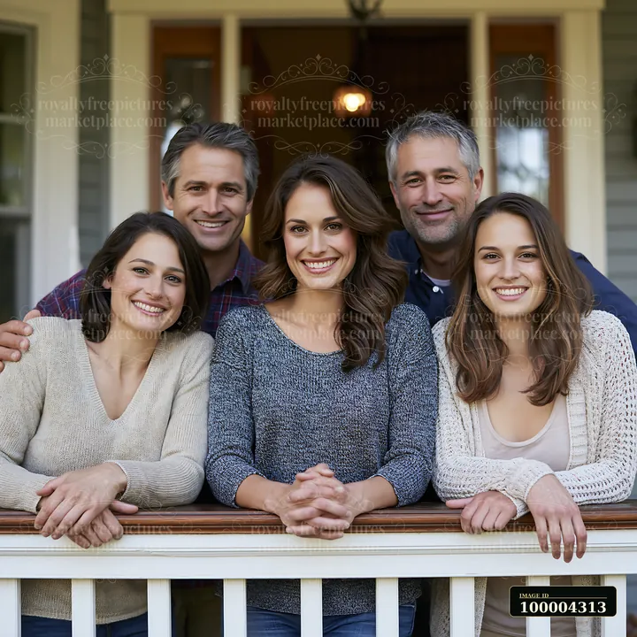 Five smiling adults pose casually behind the railing of a residential front porch.