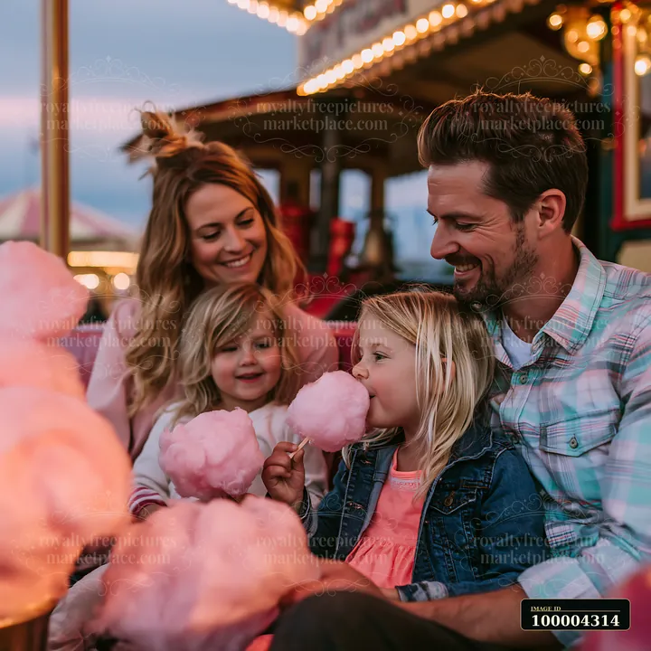 Parents and two children share pink cotton candy on a brightly lit funfair ride at dusk.