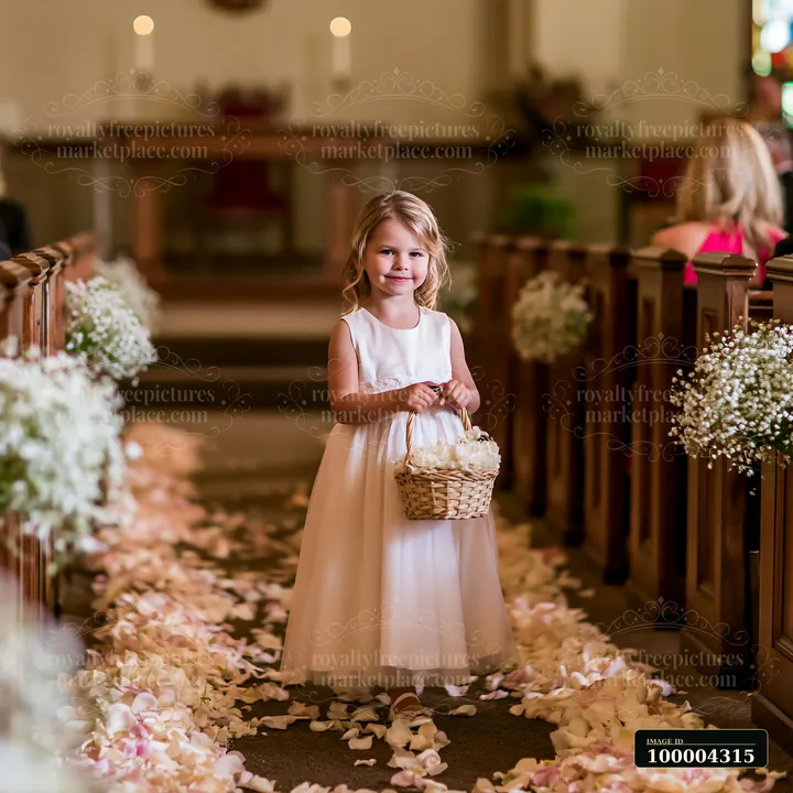 Young flower girl in a white dress carries a flower basket down a petal-covered church aisle.