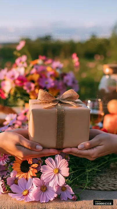 Hands hold a blank burlap-tied gift box among colorful blossoms in a softly blurred garden.