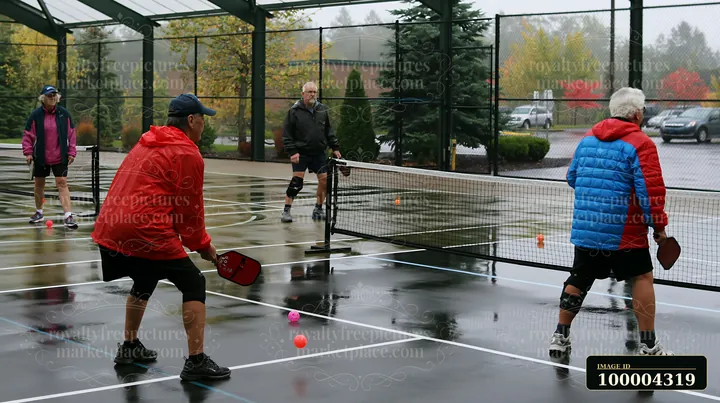 Four older adults play pickleball with paddles on a rain-soaked outdoor recreational court.
