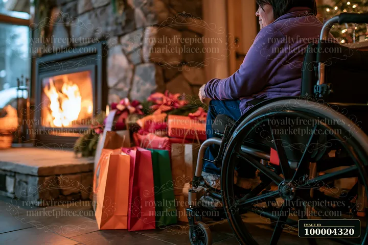 Colorful holiday shopping bags sit beside a glowing stone fireplace near a person using a wheelchair.