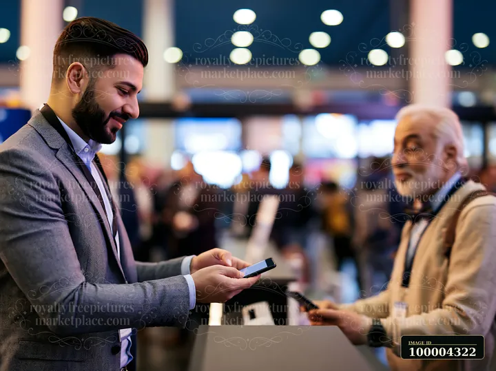 Businessman and an older man exchange contact information on smartphones across a reception counter.