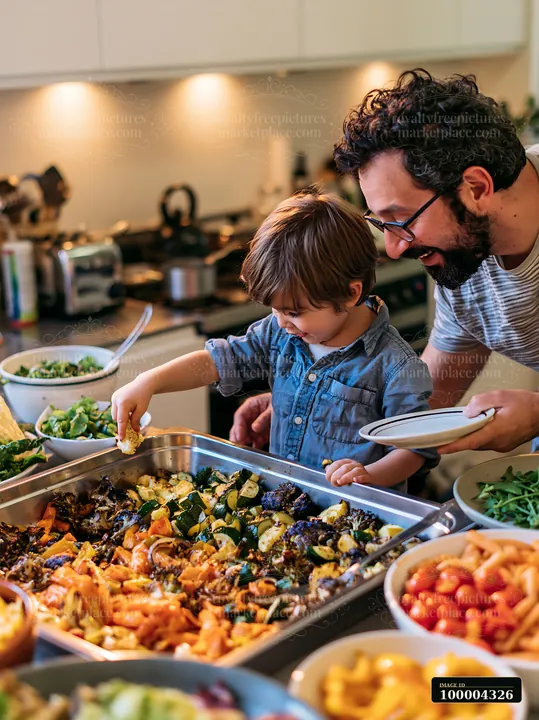 Child serving roasted vegetables from a buffet while an adult holds a plate in a home kitchen.