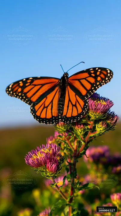 Monarch butterfly resting on a purple wildflower with a blue sky and blurred meadow behind it.
