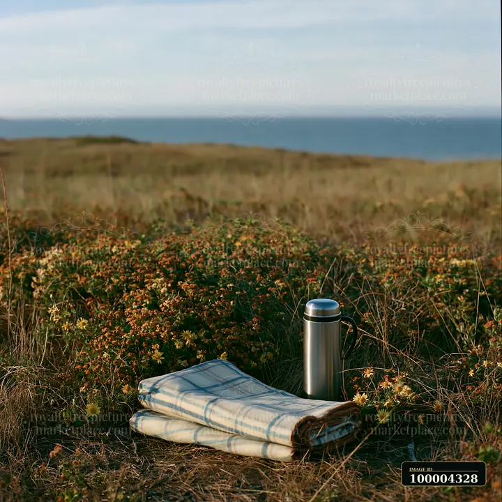 Stainless steel thermos and folded plaid blanket resting among wildflowers in a coastal meadow beside the sea.