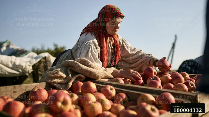 Woman in traditional dress arranges red apples in wooden crates outdoors under warm sunlight.
