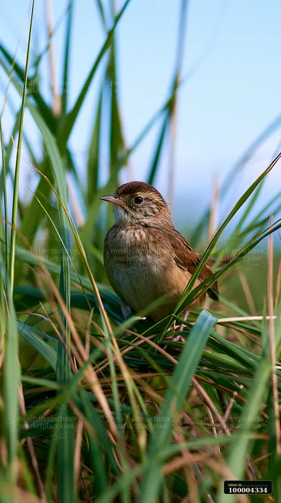 A bird is perched among beach grasses, surrounded by tall green plants under a clear sky.