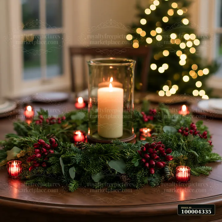 Lit candle centerpiece with evergreen branches and red berries on a dining table, with a blurred Christmas tree behind it.