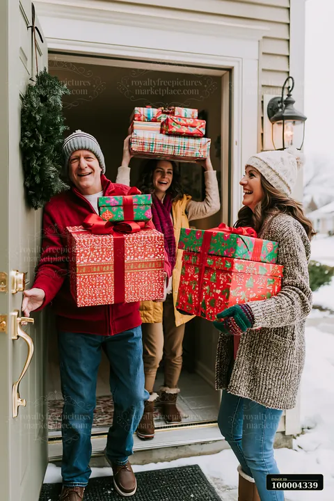 Three parents stand at a front door carrying brightly decorated gift boxes.