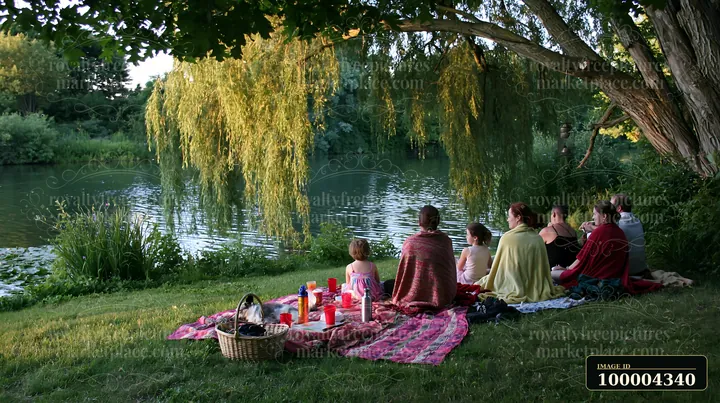 Family members sit together under a large tree by a lake, sharing blankets during a relaxed outdoor picnic.