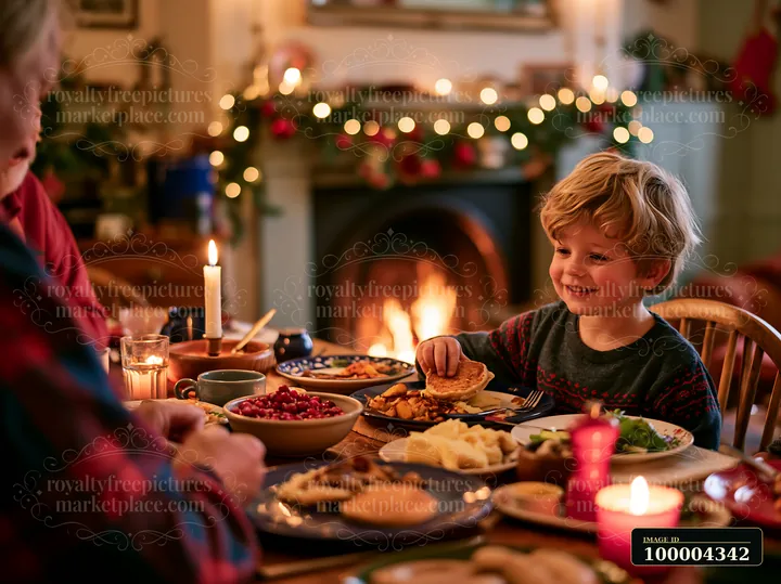 A family sits around a table sharing breakfast during the holiday season.