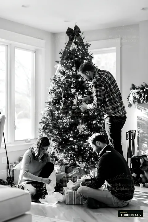 Three adults decorate a lit Christmas tree while opening wrapped gifts in a bright living room.