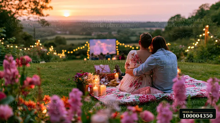 A couple sits together on a blanket enjoying a romantic outdoor cinema setup.