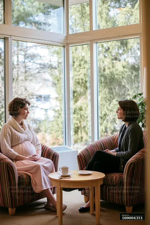 Two women sit facing each other in a bright counseling room with large windows and a coffee table.