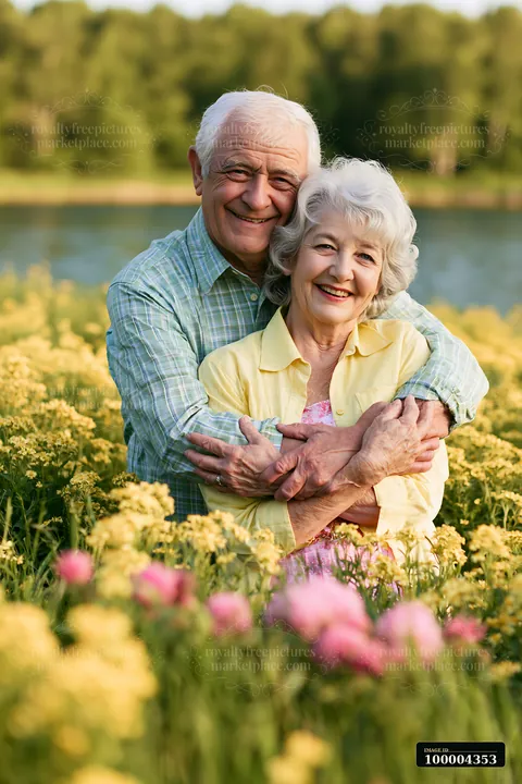 Smiling elderly couple embraces in a flower meadow beside a calm lake.