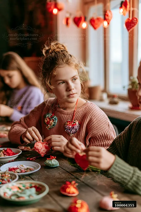 A group of children create handmade ornaments at a wooden table in a cozy room filled with warm lighting.