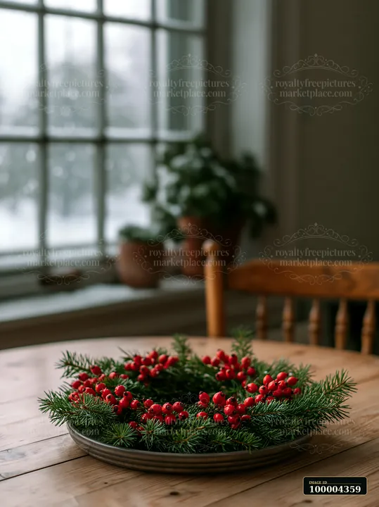Pine wreath with red berries rests in a shallow dish on a wooden table near a softly blurred window.