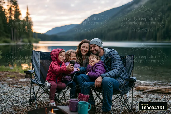 Family of five takes a selfie beside a mountain lake at sunset, seated in camping chairs at a lakeside campsite.